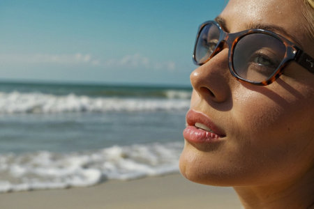 Close-up portrait of a beautiful young woman in sunglasses on the beachの素材