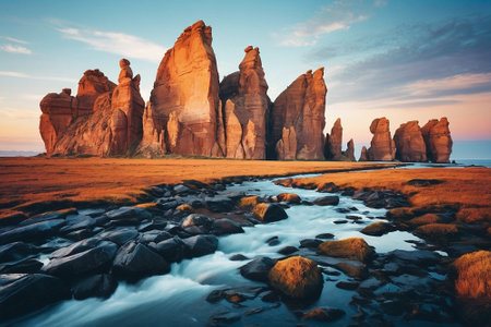 Famous red rock formation at sunrise, Meteora, Greeceの素材