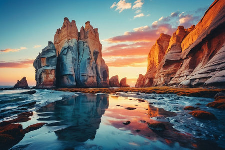 Famous rock formations at sunrise, Paracas National Reserve, Peruの素材