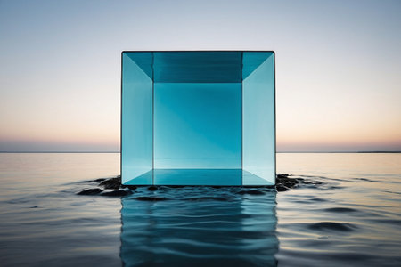 Glass cube floating in the sea at sunset. 3d rendering.の素材