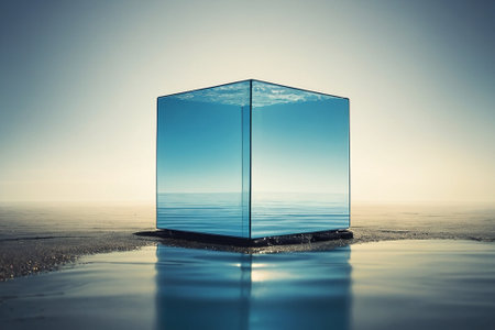 Glass cube on the sea. 3d rendering and 3d illustration.の素材