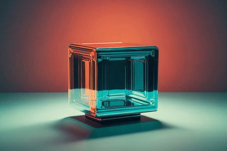3D illustration of a glass cube on a red and blue backgroundの素材