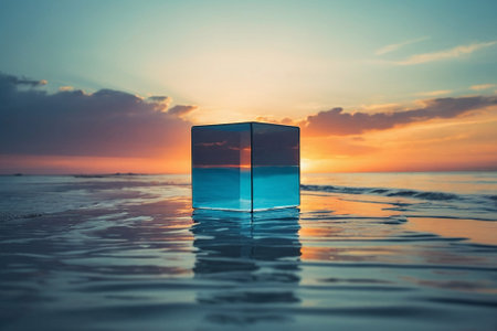 Glass cube on the beach with a beautiful sunset in the background.の素材