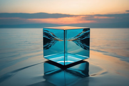 Glass cube on the sea with sunset background. Selective focus.の素材