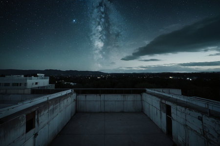 Milky Way over the Silhouette of a building at nightの素材