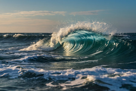 Foto de Ocean wave breaking on the shore at sunset. blue ocean wave background - Imagen libre de derechos