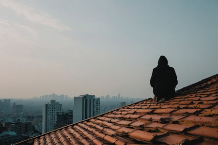 Man sitting on the top of the roof and looking at the cityの素材