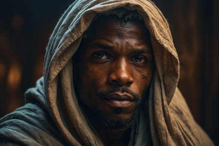 Portrait of a young African man covered with a blanket.の素材