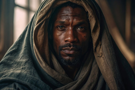 Portrait of an African-American man covered with a blanket.の素材