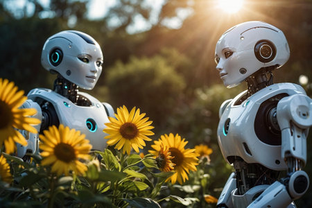 Two robots with sunflowers in the garden. Artificial intelligence.の素材