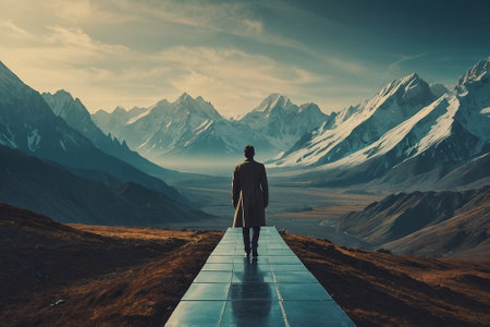 Man standing on the road to the top of the mountain. 3d renderingの素材