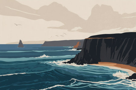 Beautiful seascape with cliffs and ocean. Vector illustration.の素材