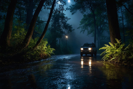 Car driving on wet road in the forest at night with fog.の素材