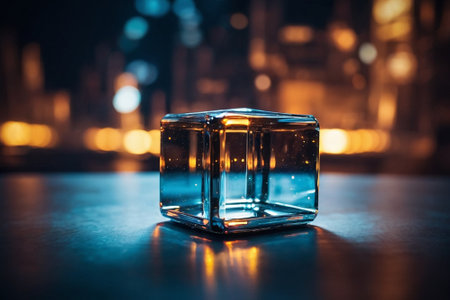 Empty ice cube on dark background with city lights. Selective focusの素材