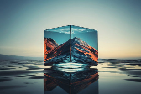 Ice cube with mountain reflection on water surface. 3d render illustrationの素材