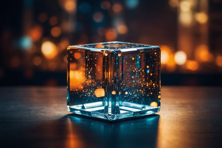 Close up of ice cube on wooden table with blurred city background.の素材