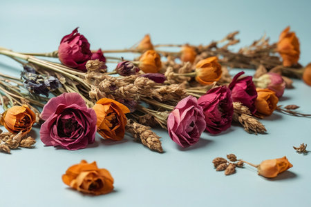Dried flowers on a blue background. Dry flowers on a blue background.の素材