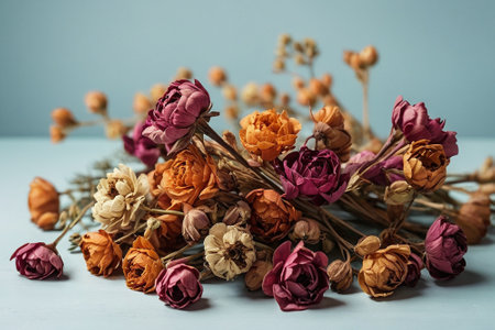Dried flowers on a blue background. The concept of dry flowers.の素材