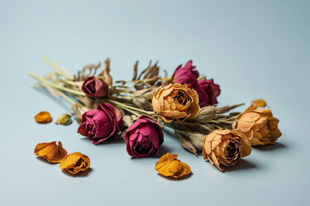 Dried flowers on a blue background. Flat lay, top view.の素材