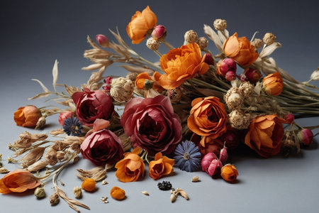 Still life with dried flowers on a gray background. Studio photography.の素材