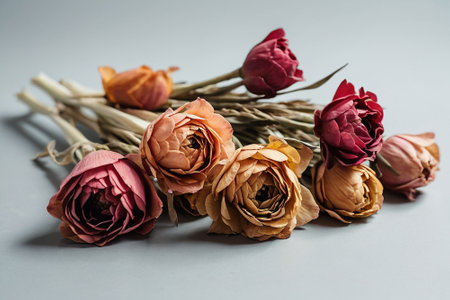 Bouquet of dried roses on a gray background. Copy space.の素材