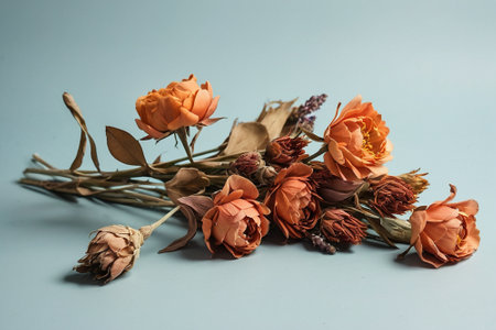 Dried roses on a blue background. Still life with dried flowers.の素材