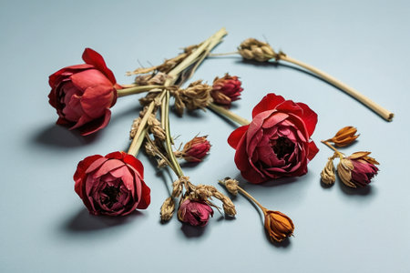 Dried roses on a blue background. Flat lay, top view.の素材