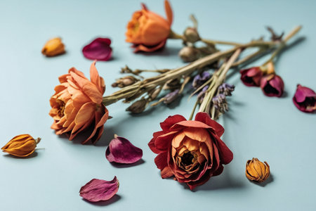 bouquet of dried flowers on a blue background, top viewの素材