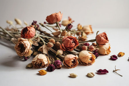 Dried flowers on a white background. Free space for text.の素材