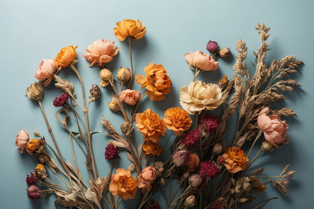 Bouquet of dried flowers on blue background, top view.の素材