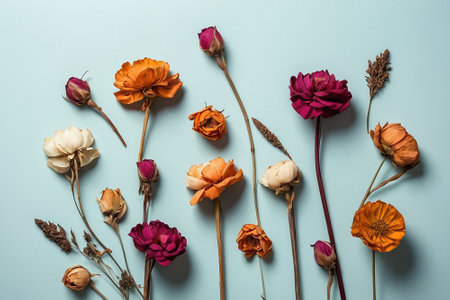 Flowers composition. Dry flowers on blue background. Flat lay, top view, copy spaceの素材