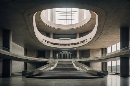 Interior of a modern building with a staircase and a large windowの素材