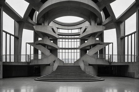 Interior of a modern office building with a staircase in the middleの素材