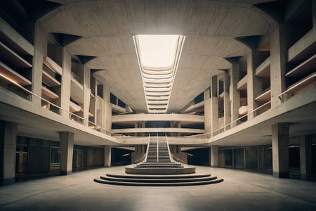 Futuristic building with stairs leading to the light. 3d renderingの素材