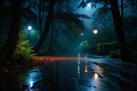 Rainy road in the forest at night with fog and lanternsの素材