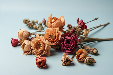 Bouquet of dried flowers on blue background. Flat lay.の素材