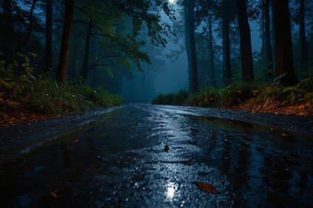 Misty forest road with raindrops on the asphalt at night.の素材