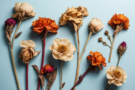 Dry flowers on a blue background. Flat lay, top view.の素材