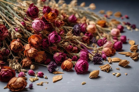 Dried flowers on a black background. Dried flowers for decoration.の素材