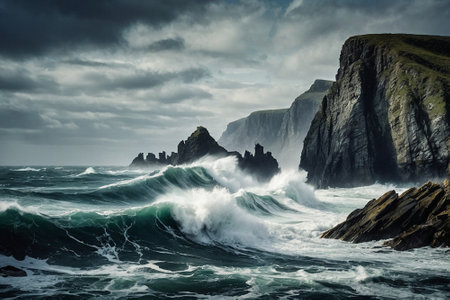 Beautiful seascape with cliffs and ocean waves in Iceland. Toned.の素材