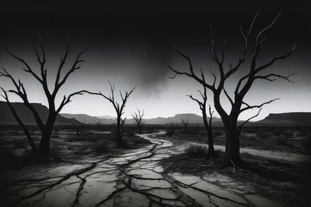 Desert landscape with dead trees in the desert. 3d renderingの素材
