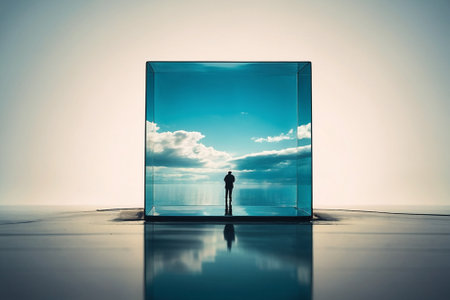 Silhouette of a man standing in a glass cube with sky reflectionの素材