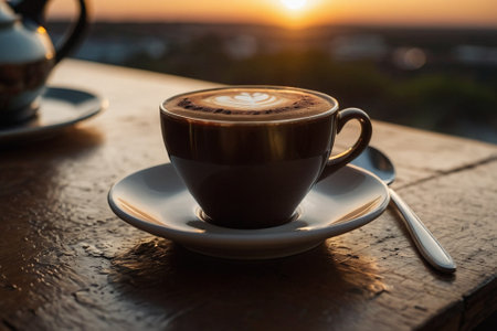 Coffee cup with latte art on wooden table at sunsetの素材