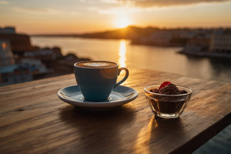 Cup of coffee with ice cream on wooden table with sunset in background.の素材