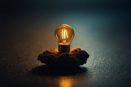 Incandescent light bulb placed on a rock with dark background.の素材