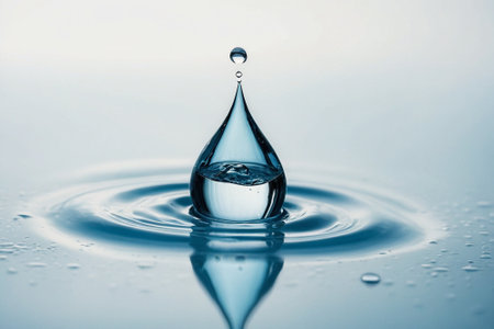 Water drop close-up with ripples and waves on the surfaceの素材