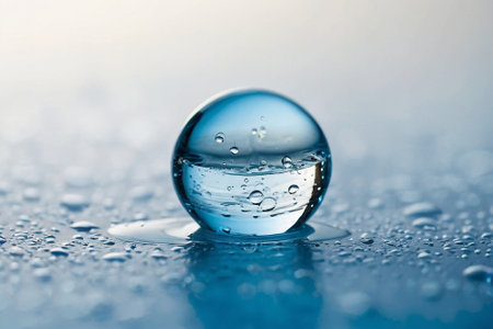 Water drops on glass surface with drop of water on blue background.の素材