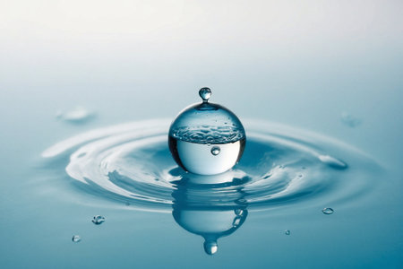Water drop falling into a water surface with ripples and ripplesの素材