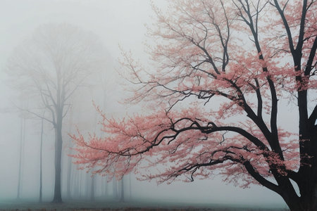 Cherry blossoms in a foggy morning, South Korea.の素材