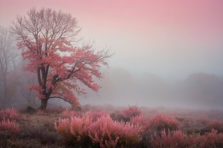 Autumn landscape with foggy forest and pink flowering heather.の素材